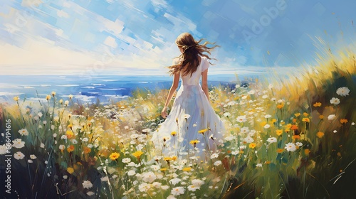 A girl standing by the sea in a meadow with flowers. Oil painting in the style of Impressionism.