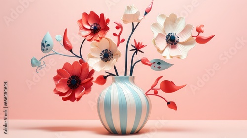 Futuristic image of a blue and white vase with red and white flowers on a pastel background. Image generated with AI