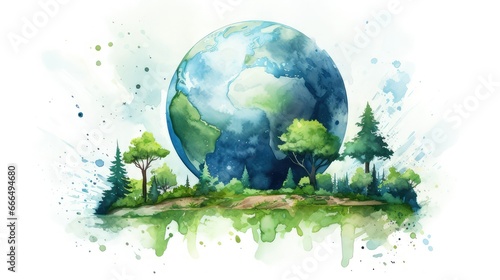 Watercolor of planet earth in blue and green colors, surrounded by vegetation. Image generated with AI