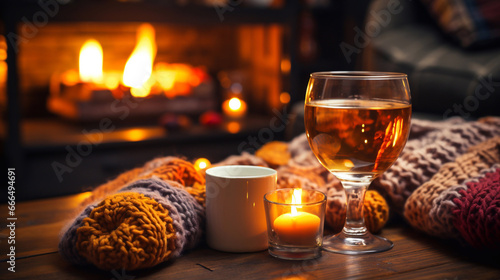 Cozy illustration of a white cup, a glass of beer, and a candle standing on a wooden table and a warm yellow blanket by the fireplace. Wallpaper, background. © Oksana Tryndiak