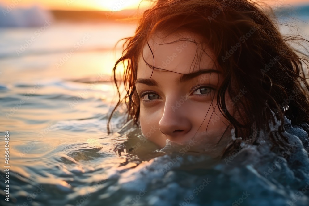 Young cheerful woman bathing in warm tropical sea