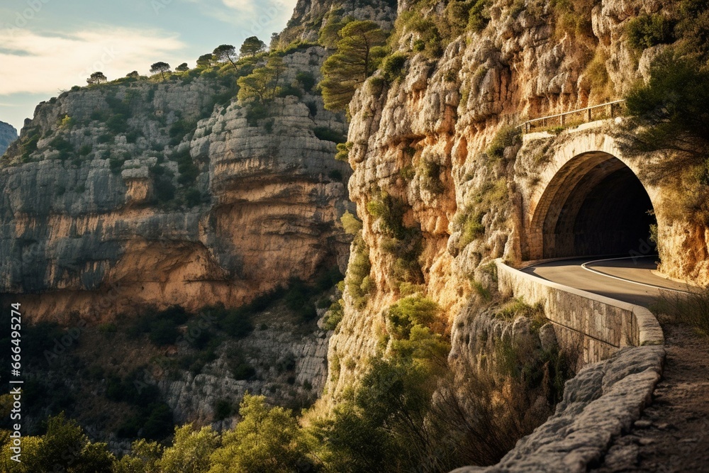 A dangerous curve on a narrow mountain road in Mallorca leads through a high cliff rock gate in the Serra de Tramuntana. Generative AI