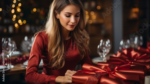 Festive winter portrait of a smiling woman in a red coat with gifts. Merry Christmas and Happy New Year. Wallpaper, illustration, background.