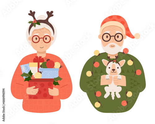Cute Christmas elderly couple woman and man. Happy grandfather with little puppy and garland and grandmother with New Year gifts. Vector illustration .