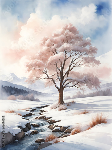 Peaceful winter landscape in pastel watercolors: Snowcapped tree next to a stream