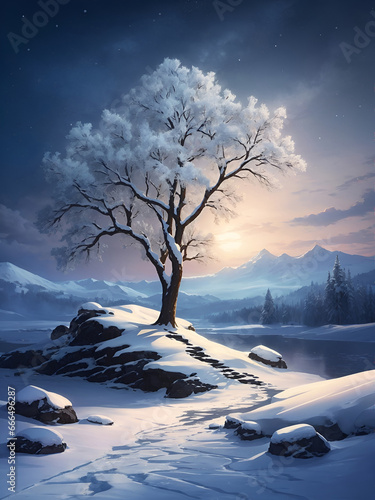 Peaceful winter landscape at night painted with watercolor: Snowcapped tree overlooking a quiet lake