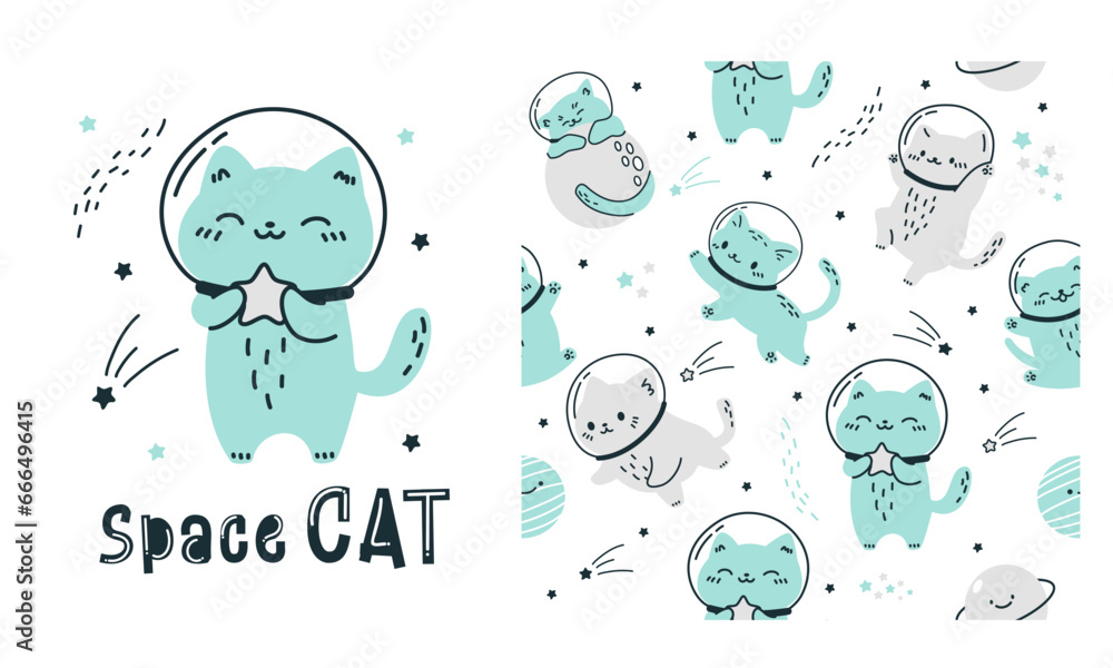 Vector set for printing on children's products. Seamless pattern and print for printing. Cats in spacesuits flying in space. Space cat inscription. Vector illustration