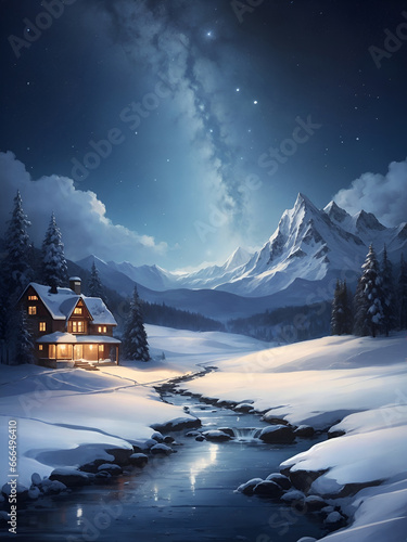 Peaceful winter landscape at night painted with watercolor: Remote house in the mountains