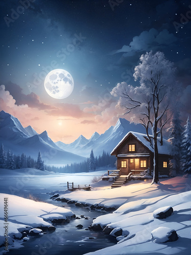Peaceful winter landscape at night painted with watercolor: Remote house at a mountain lake