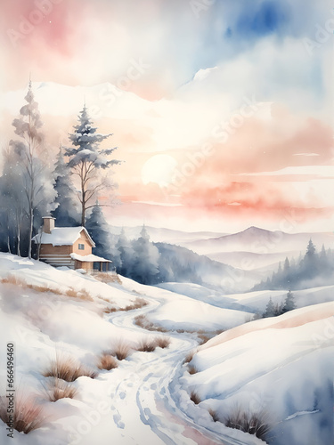 Peaceful winter landscape in pastel watercolors: Path leading to a remote house