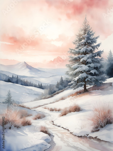 Peaceful winter landscape in pastel watercolors: Snowcapped fir tree