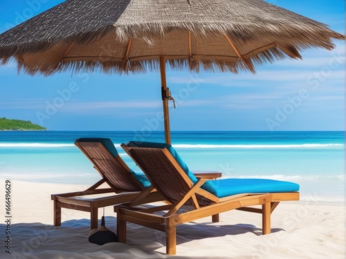 chaise lounge and umbrella on sand beach