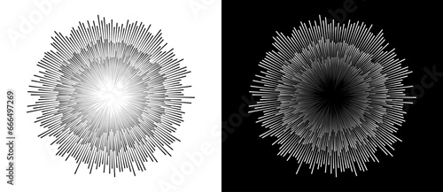 Abstract background with burning lines in cicrle. Design element or icon. Black shape on a white background and the same white shape on the black side.