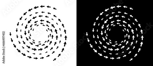 Abstract background with arrows in circle. Art design spiral as logo or icon. A black figure on a white background and an equally white figure on the black side.