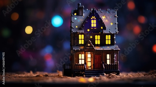A small miniature house on a wooden table with leaves and colorful lights blurred in the bokeh style in the background. © Artur Lipiński