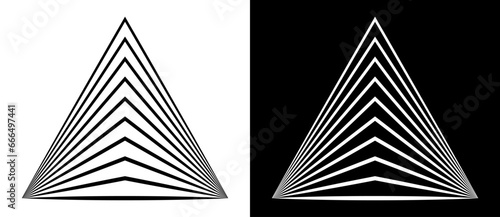 Art lines design element. Striped triangle as logo or icon. Black shape on a white background and the same white shape on the black side.