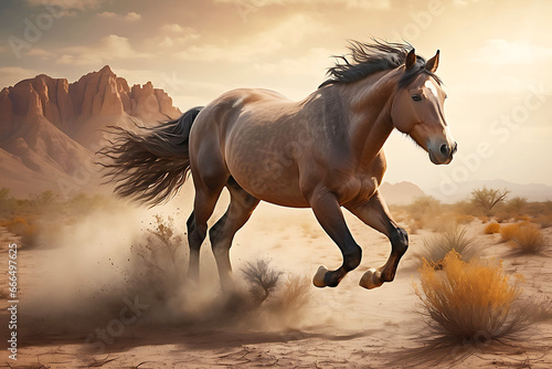 A wild horse running free in the desert