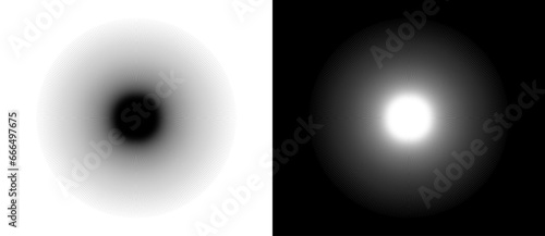 Circle with lines like sun concept. Can be used as an icon, logo, tattoo. Black shape on a white background and the same white shape on the black side.