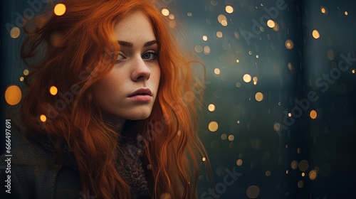 Close up of woman with long red hair looking calmly at the camera, half copy space. Bokeh styles.