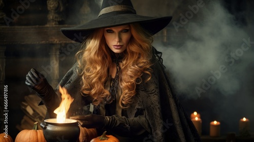 A woman dressed as a witch adds fire to a small cauldron. Smoke and candles in the background.
