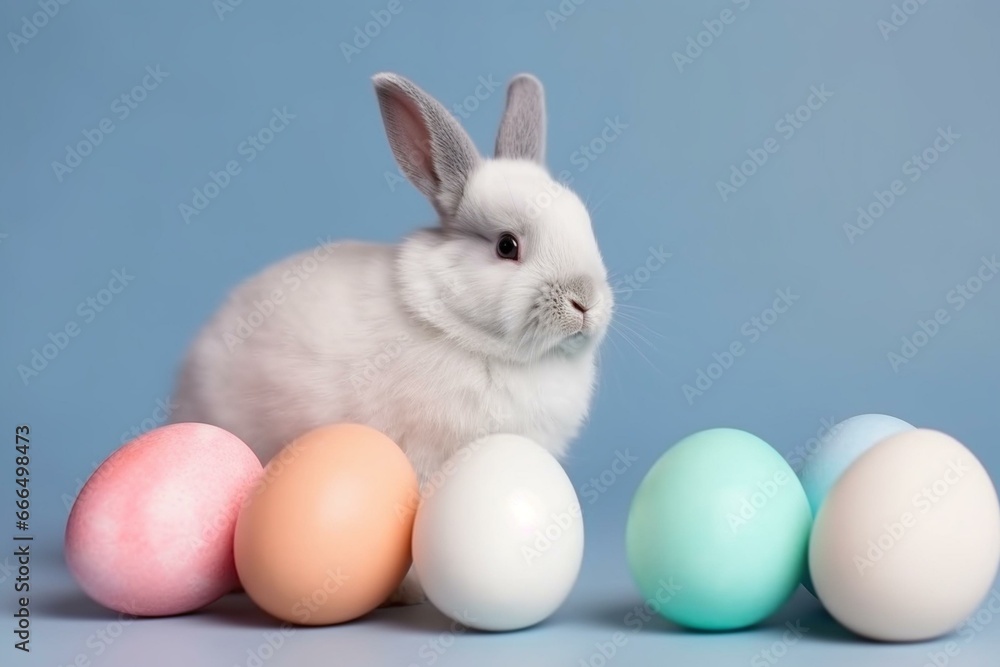 adorable bunny with colorful eggs, modern minimal style. Generative AI