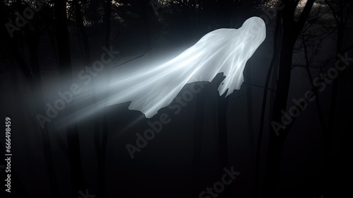 A ghostly ghost walks through the dark forest at night and leaves a white trail behind it. © Artur48