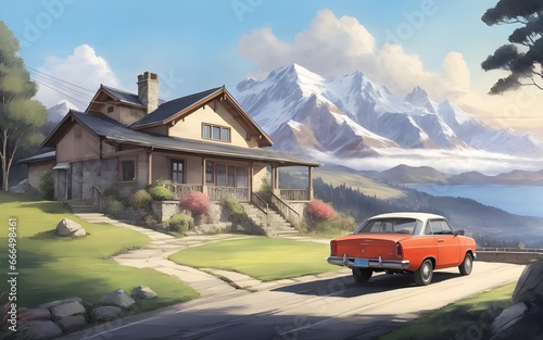 Beautiful landscape panorama of Norway, Car parked in front of the house, snow on the mountains. ai photo