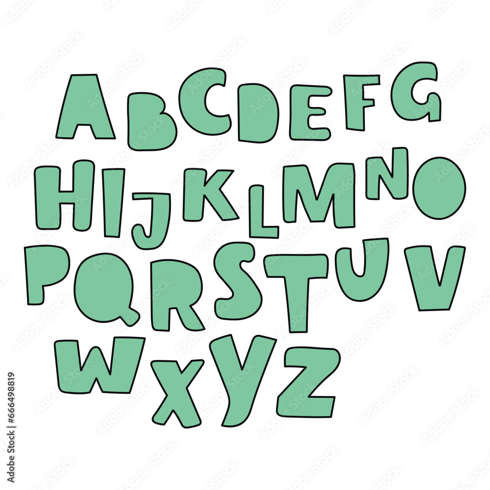 A hand-drawn cartoon English alphabet in green on a white background.
