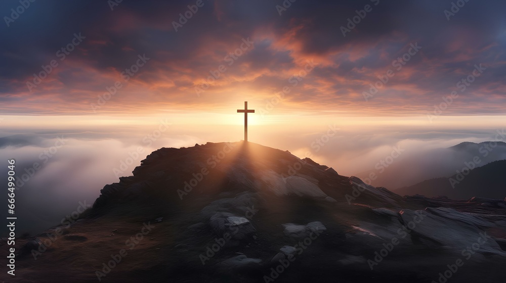 The shining sun at dawn by the sea sanctifies the cross towering on the hill.