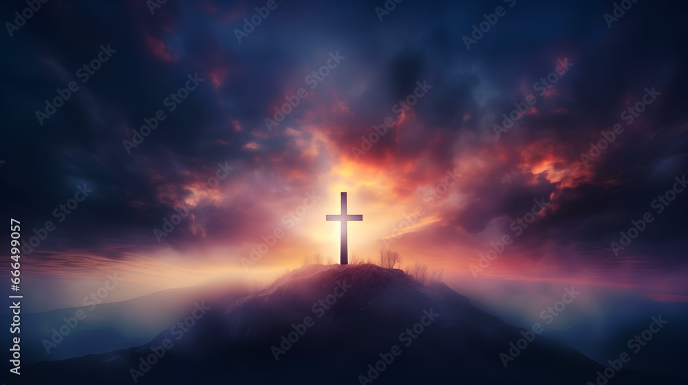 The shining sun at dawn by the sea sanctifies the cross towering on the hill. The shining sun at dawn by the sea sanctifies the cross towering on the hill.