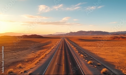 Photo of a car driving through the vast desert landscape