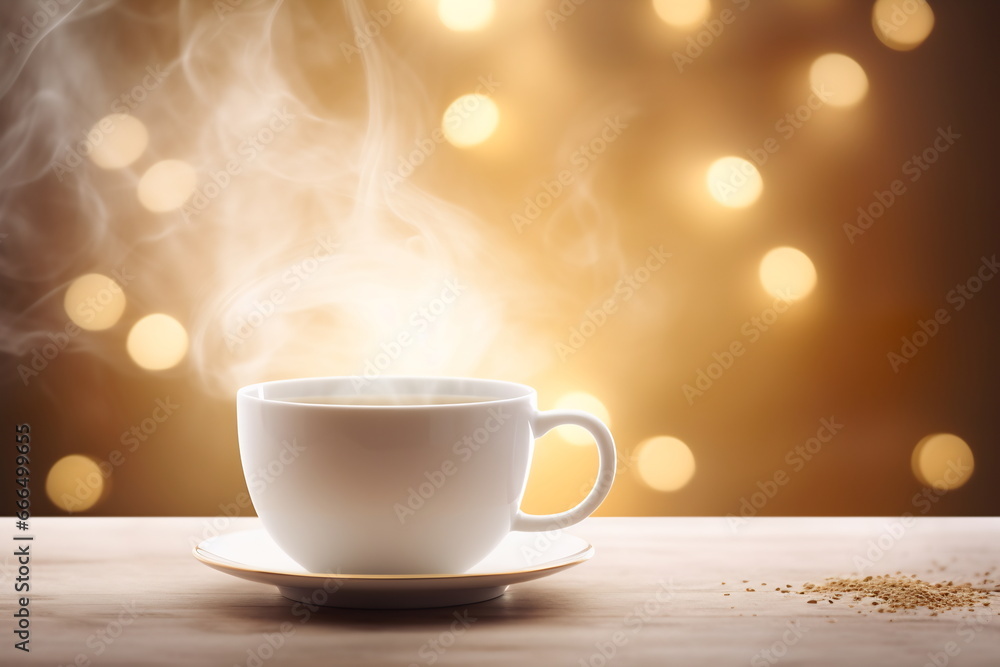 A cup of hot drink with steam against golden bokeh background A cup of hot drink with steam against golden bokeh background