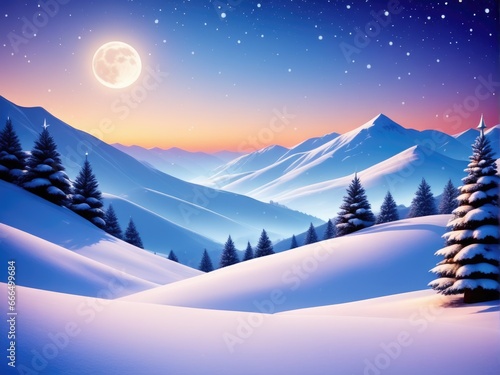 Merry Christmas and happy New Year greeting card with snowy hills