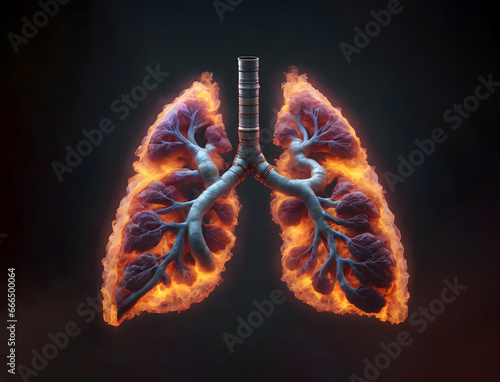 Human lungs on fire and smoke illustration. Smoker's lungs, respiratory diseases concept