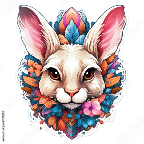 Festive portrait of a cute white rabbit among flowers.