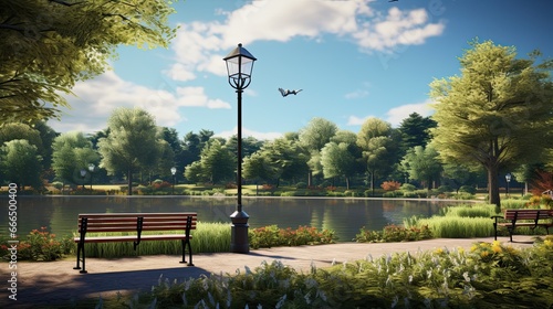 Fotografia Parkland Pond: Capture a local park turned into a temporary pond, with lamp post