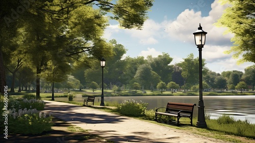 Parkland Pond: Capture a local park turned into a temporary pond, with lamp posts and benches partially visible, signifying community space loss photo