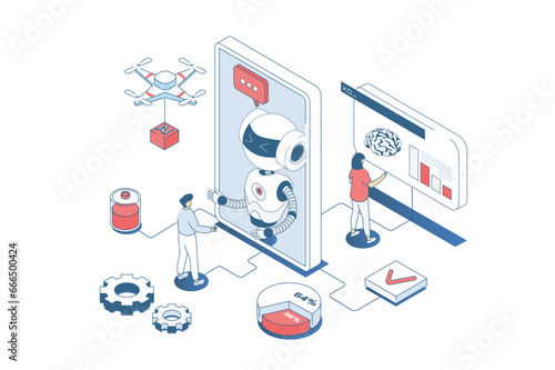 Artificial intelligence concept in 3d isometric design. Engineers working with ai robots, machine learning and programming digital brain. Vector illustration with isometry people scene for web graphic