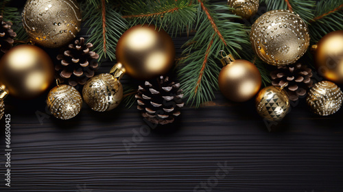 Merry Christmas and Happy New Year black and gold background with Christmas balls, pine tree branches and cones. Wallpaper, illustration.