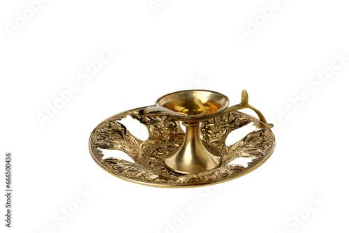 PNG, Oriental lamp with oil and wick on saucer, isolated on white background