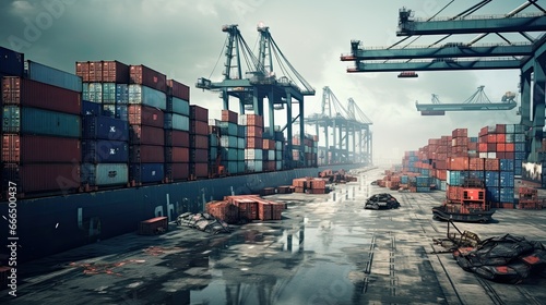 Port Paralysis: Wide shot of a flooded shipping port, cargo containers and ships stranded, indicating global economic impact