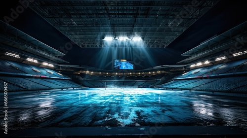Stadium Floodlight: A nighttime shot of a sports stadium flooded under the eerie illumination of its own lights, with a color palette of electric blues and dark water shadows