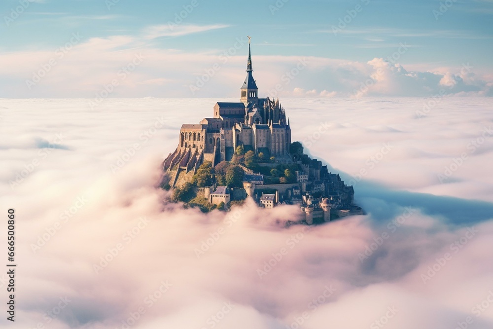 misty aerial view of mont saint michel abbey spire through clouds ...