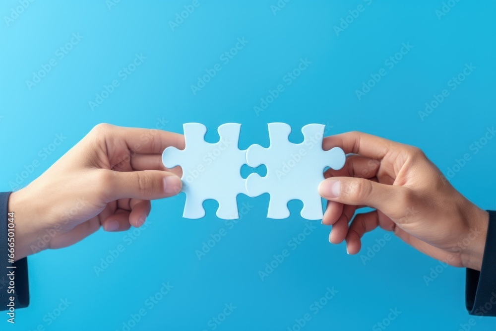 Concept of business,hands holding a jigsaw puzzle on pastel blue background, in blue colors, puzzles not converge Concept of business,hands holding a jigsaw puzzle on pastel blue background, in blue colors, puzzles not converge