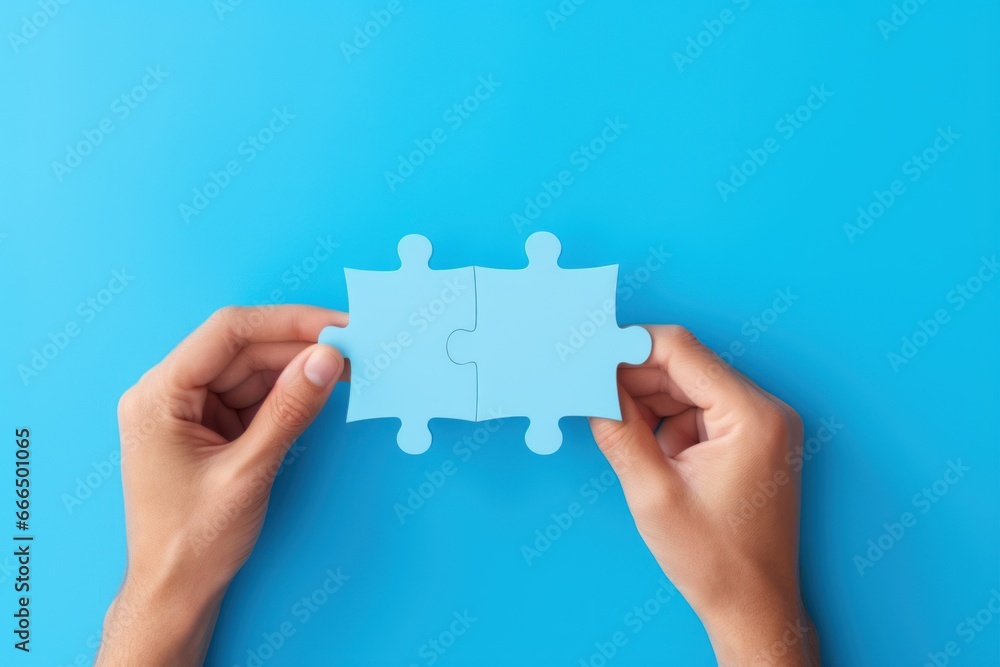 Concept of business,hands holding a jigsaw puzzle on pastel blue background, in blue colors,puzzles converge Concept of business,hands holding a jigsaw puzzle on pastel blue background, in blue colors,puzzles converge
