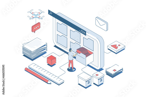 Electronic organization files concept in 3d isometric design. Man organizing files in folders on screen, share and downloading documents. Vector illustration with isometry people scene for web graphic