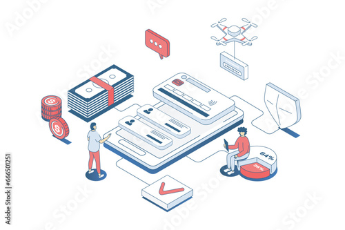 Mobile wallet app concept in 3d isometric design. Clients managing personal financial credit cards and accounts in online banking. Vector illustration with isometry people scene for web graphic