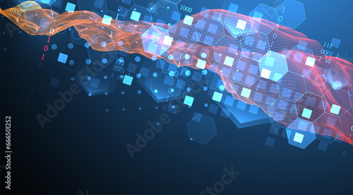 The abstract wave is made in a frame style in a bright gradient color. Template for science and technology presentation.