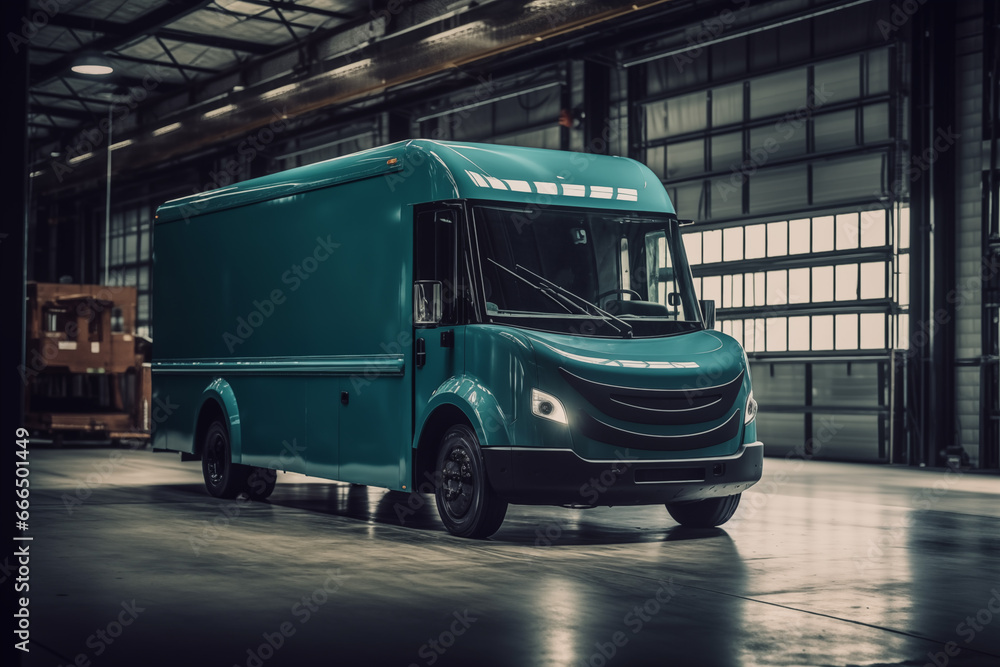 Delivery van. Self-driving Electric Van Delivering in warehouse. Electric cargo van. Production of Electric delivery van, Transport logistics. Driverless rivan in warehouse. Mail truck, Ai Generative