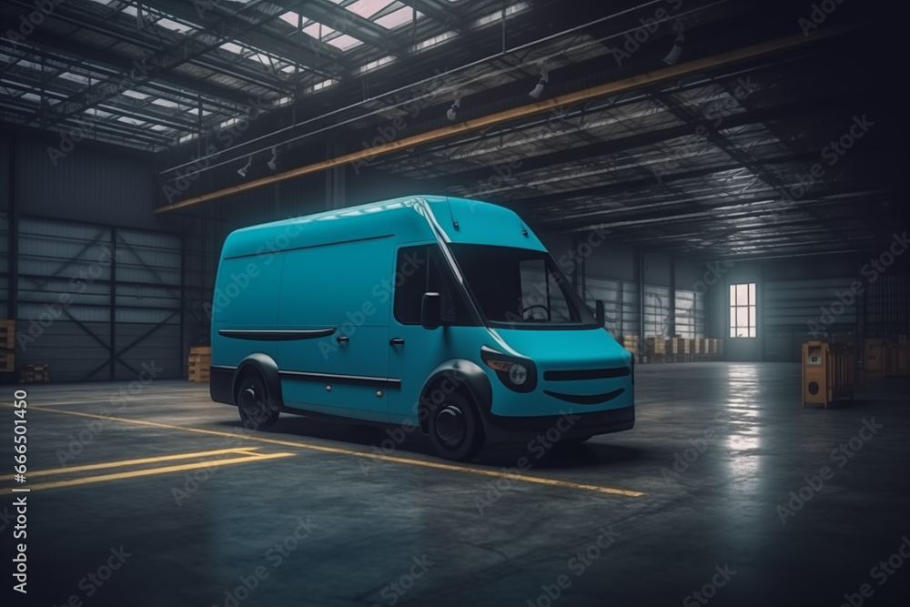 Delivery van. Self-driving Electric Van Delivering in warehouse. Electric cargo van. Production of Electric delivery van, Transport logistics. Driverless rivan in warehouse. Mail truck, Ai Generative